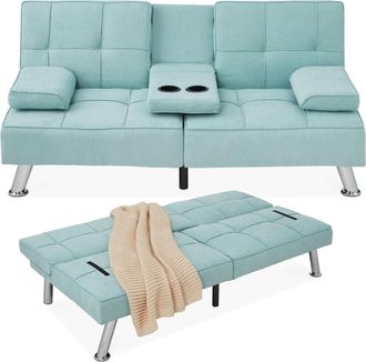 Best Choice Products Modern Linen Convertible Futon Sofa Bed w/ Removable Armrests, Metal Legs, Cupholders