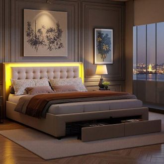 OEM Cama Con Arc&oacute;n Tapizada - 160x200 - Terciopelo Beige - Cajones Y Almacenamiento Hidr&aacute;ulico - Led Integrada