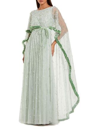 Mac Duggal Beaded Cape Sleeve Gown with Ruffled Trim Detail in Jade at Nordstrom, Size 10