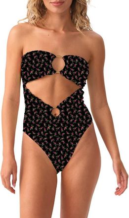 PQ Swim Floral Lettuce Edge Strapless One-Piece Swimsuit in Rosebud at Nordstrom, Size Medium