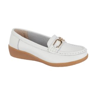 Jo & Joe Womens Leather Comfort Loafers with Gold Buckle - Cushioned Wedge Slip-On Smart Casual Shoes Sizes 4-8 (White, UK Footwear Size System, Adult, Women, 