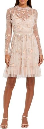 Mac Duggal Sheer Long Sleeve Embellished Midi Dress in Blush at Nordstrom, Size 12