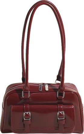 Generic Boston Tote Bag for Women with Multi-Pockets Bowling Bag PU Leather Solid Color Underarm Bag Zipper Handbag for Work Travel (Red)