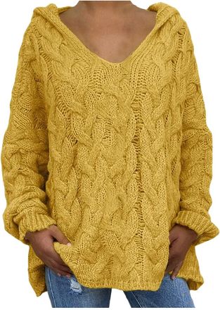 Generic Womens Jumpers Winter Warm V Neck Batwing Long Sleeve Crochet Sweater Loose Oversized Chunky Knitted Hoodie Sweater Jumper Plus Size Plain Lightweight