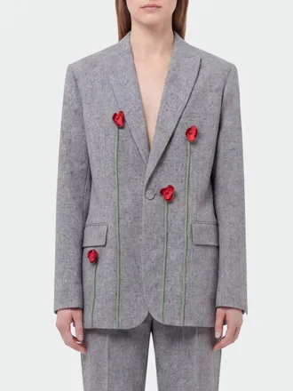 Moschino Single-Breasted Cropped Blazer in Wool and Silk with Flower Appliqu&eacute;