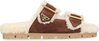 Prada Womens Suede Slippers With Metallic Logo Brown Calf Sandal