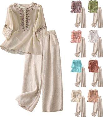 Generic Co Ord Sets for Women 2 Piece 3/4 Sleeve Embroidered and Pants Cotton Linen Matching Set Travel Airport Lounge Wear Set Short Sleeve Crop Tops and Hig
