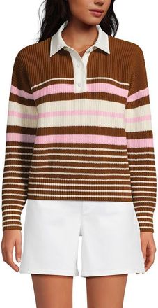 Lands End Drifter Rugby with Woven Collar Sweater in Rich Ginger Multi Stripes at Nordstrom, Size X-Large P