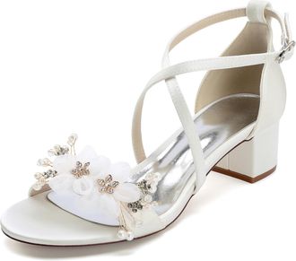 Generic Wedding Bridal Shoes Womens Low Heel Sandals Bridal Chunky Heels Wedding Party Shoes Satin Prom Party Dress Pumps 4.5Cm,Ivory,10 UK