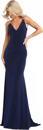 Jovani Fitted Open Embellished Back Dress In Navy