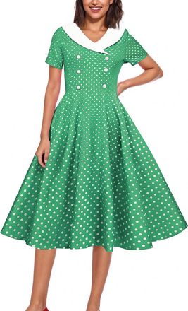 Generic Vintage Polka Dot Dress for Petite Women, 50s Rockabilly Party Skater Dresses with Button Front, Elegant V-Neck Short Sleeve Swing A-Line Dress Knee-L