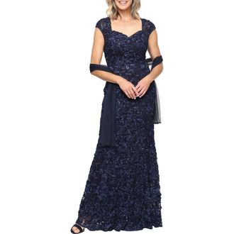 Alex Evenings Soutache Mermaid Gown with Shawl in Navy at Nordstrom, Size 12P