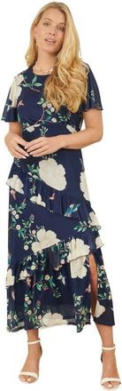 Yumi Mesh Bird And Floral Print Midi Dress in Navy at Nordstrom, Size 14