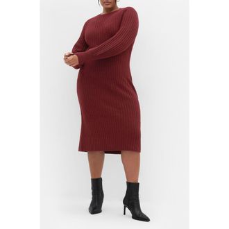 City Chic Sarah Long Sleeve Rib Sweater Midi Dress in Bordeaux at Nordstrom
