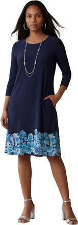 Jessica London Stretch Knit Three Quarter Sleeve T Shirt Dress in Navy Floral Placement at Nordstrom, Size 30