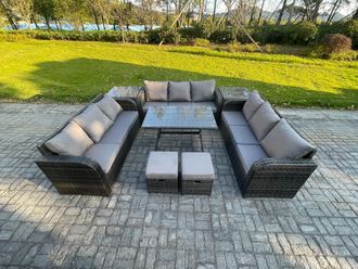 Fimous Rattan Garden Furniture Set 11 Seater Patio Outdoor Lounge Sofa Set with 2 Side Tables Rectangular Dining Table 2 Small Footstools in Dark Grey
