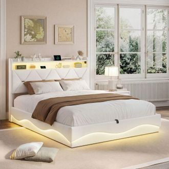 OEM Cama Doble Con Arc&oacute;n - 160x200 - Terciopelo Beige - Somier De Lamas De Madera Fsc - Arc&oacute;n Hidr&aacute;ulico, Led Y Usb