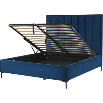 Beliani Cama En Terciopelo Azul 140 X 200 Cm Con Almacenamiento Cabecero Acolchado Patas De Metal Negro Sezanne