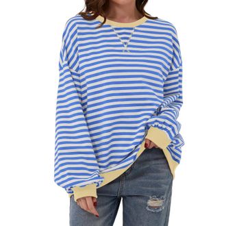 Generic Striped Top Womens Oversize Striped Sweatshirts & T-Shirt, Cotton Crew Neck Sweatshirt Long Sleeve Casual Loose Pullover Y2K Shirt Tops, lightblue, M