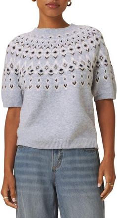 Splendid Fair Isle Short Sleeve Sweater in Light Blue at Nordstrom, Size X-Large