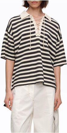 Bimba & Lola Striped T-Shirt With Adjustable Polo Shirt Collar in Black at Nordstrom, Size X-Small Eu
