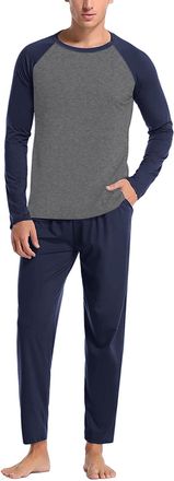 Generic Mens Soft Home Solid Color Shirt Pants Pajama Set Home Service Two Piece Set Classic Suits Men Navy