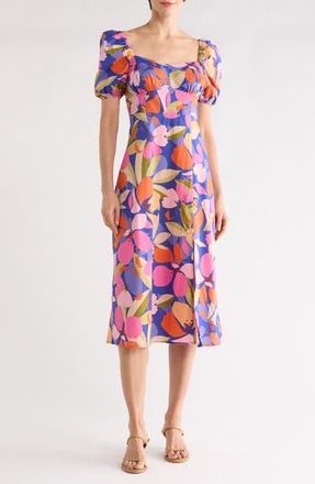 Vince Camuto Floral Puff Sleeve A-Line Midi Dress in Blue Multi at Nordstrom Rack, Size 0