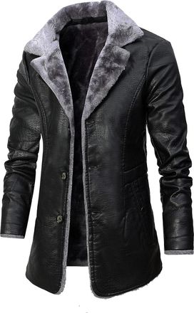 Generic Mens Winter 3/4 Length PU Faux Fur Coat Long Jacket, Heavy Motorcycle Jacket Vintage Coat (Black - Long,S)