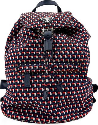 Prada Geometric Print Nylon Backpack Navy Red