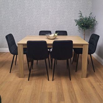 Kosy Koala Oak Effect Dining Table Set With 6 Black Velvet Chairs Dining Room Furniture in Brown