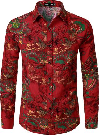 PARKLEES Mens Cotton Linen 70s Disco Retro Traditional Pattern Printed Long Sleeve Button Down Shirt Red XXX-Large