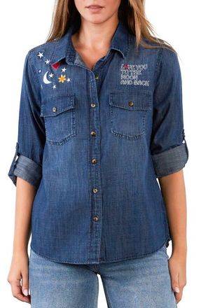 BILLY T To the Moon & Back Embroidered Denim Graphic Button-Up Shirt in Dusk Denim at Nordstrom, Size X-Large