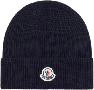 Moncler Geribbelde Gebreide Beanie - Heren - Hoeden - Blauw - ONE Size - Katoen - Accessoires