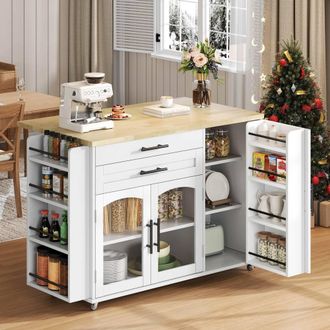 Matteo Mobile Kitchen Island - Foldable Worktop & Storage - White