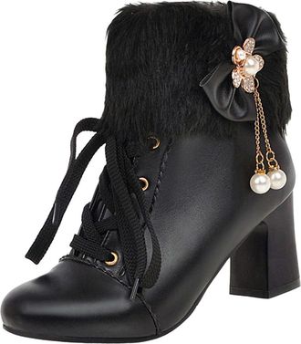 Generic Ankle Boots For Women Pointed Toe Chunky Heel Pearl Bow Boots Ladies Elegant with Lace-Up Zipper Casual Shoes Fashion Lightweight Autumn Winter size 4