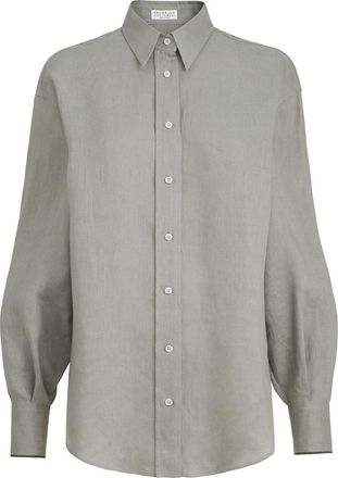 Brunello Cucinelli Linen shirt with monili in Khaki at Nordstrom, Size 3X-Large Eu