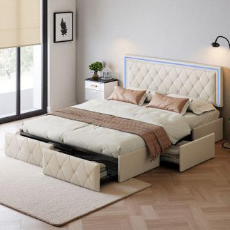 OEM Cama 140x200 Cm, Tt01, Led Regulable, Lujo Moderno Y Ligero, Cama Para Adultos, Marco De Cama Doble 140x200 Cm, Pu, Beige