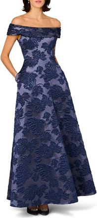 Aidan Mattox Floral Jacquard Off the Shoulder Gown in Navy at Nordstrom, Size 12