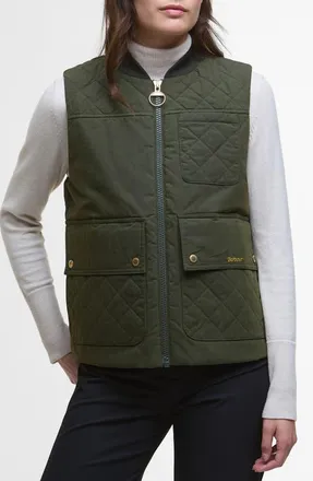 Barbour Theodora Quilt Trim Cotton & Nylon Vest in Olive at Nordstrom, Size 12