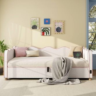 Merax 3ft Single Bed Boucl&eacute; Daybed with Hydraulic Storage & USB Ports in Beige