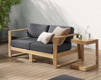 Castlery Rio Outdoor Teak Loveseat, Slate, Treated Solid Teak Wood, Durable, Water-Repellent Fabric