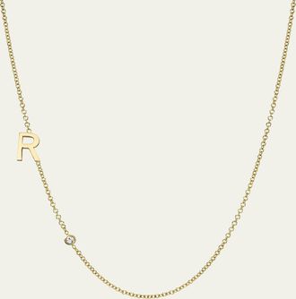 Zoe Lev Jewelry 14k Gold Asymmetrical Initial and Bezel Diamond Necklace