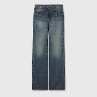 Gucci Cotton Denim Pants With Horsebit Detail, Size 30, Blue
