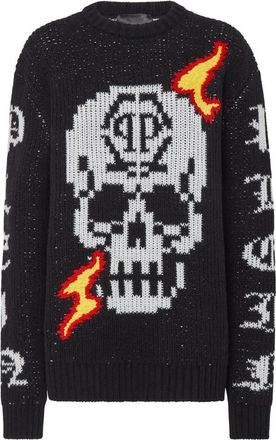 Philipp Plein Round Neck Pullover LS Skull - Dames - Ronde hals truien - Zwart - XS - Wol - Truien & Vesten