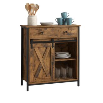 Relaxdays Credenza Relaxdays con porta scorrevole, HLP: 80 x 70 x 30 cm, 4 scomparti, armadio per cucina e soggiorno, marrone/nero