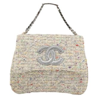 Chanel Vintage Cc Chain Top Handle Bag Quilted Tweed White Tweed Handbag (Pre-Owned)