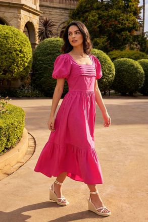 DUSK Cotton Pleated Puff Midi Dress