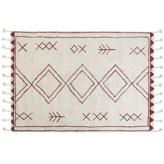 Beliani Alfombra De Algod&oacute;n Blanco Crema Rojo Oscuro 160 X 230 Cm Geom&eacute;trico Kenitra