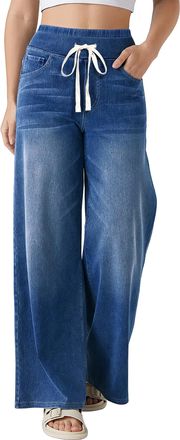 Fengbay Pull on Wide Leg Jeans for Women UK, Ladies High Waisted Stretchy Straight Drawstring Baggy Trendy Tummy Control Leg Jeans Denim Pants