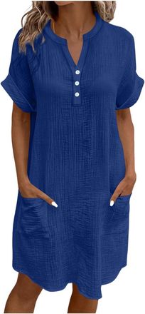 Generic Linen Dresses for Women UK Cap Sleeve Boho Dress Summer Midi Dress with Pockets Button V Neck Beach Shirt Dresses Milkmaid Kaftan Cotton Petite Ladies